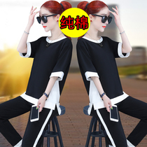 Pure Cotton Sports Casual Suit Women 2021 New Foreign Air Short Sleeves 90% Pants Loose Fashion Two Sets Summer