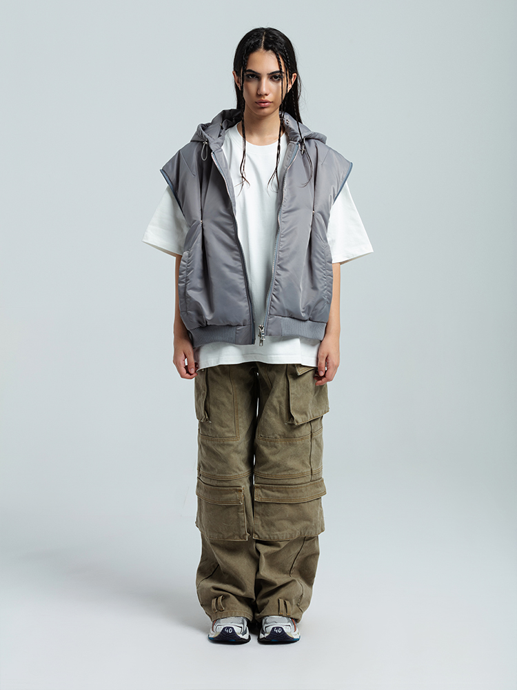 PSYCHO21 袖子可拆卸连帽灰色加厚棉服夹克马甲外套潮流Bomber