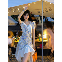 Barbie Aunt Harness picnic dress Dress Hanging neck 2020 Summer new French fish tail skirt open fork Blossom Long Skirt