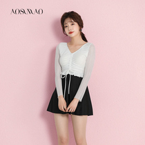 One-piece swimsuit female summer 2021 New Conservative belly thin small chest gather flat angle skirt long sleeve sunscreen swimsuit