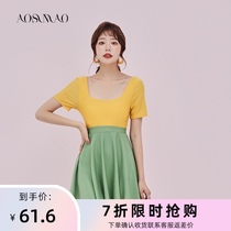 One-piece swimsuit women cover their stomachs and show thinness 2021 new small chest gathered fairy fan conservative skirt-style boxer color swimsuit