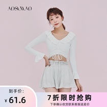 Long-sleeved swimsuit female thin belly cover conservative student fairy fan small chest gathered skirt split three-piece swimming suit