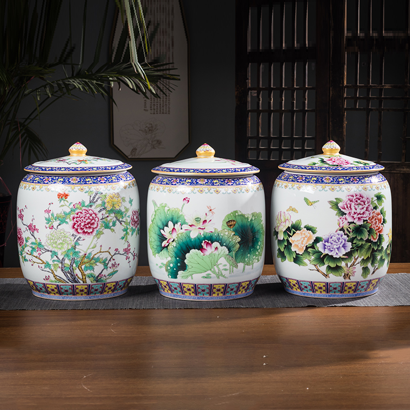 Jingdezhen ceramic barrel with cover colored enamel household ricer box insect - resistant seal high - capacity 30 jin of rice storage tank