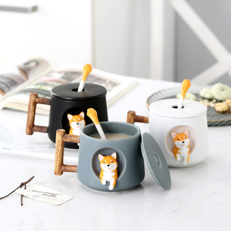 Creative cartoon shiba inu ceramic keller cup couples a home office milk coffee spoon, cup with cover