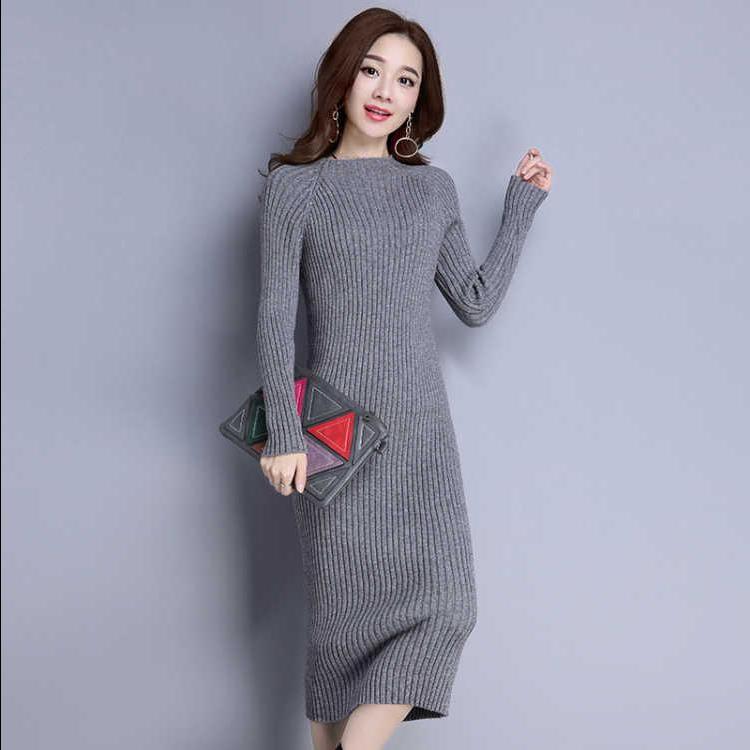 针织连衣裙长袖修身过膝长款毛衣裙