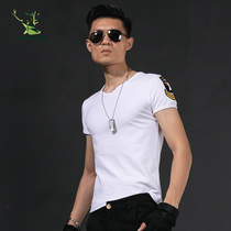 (Break Code Clear 75 discount) Mens white V collar short sleeve T-shirt Summer tight fit Embroidered Sports Fitness