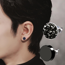 Sterling silver black net Red mens earrings male Korean trendsetter simple round hip hop temperament single earrings female ornaments