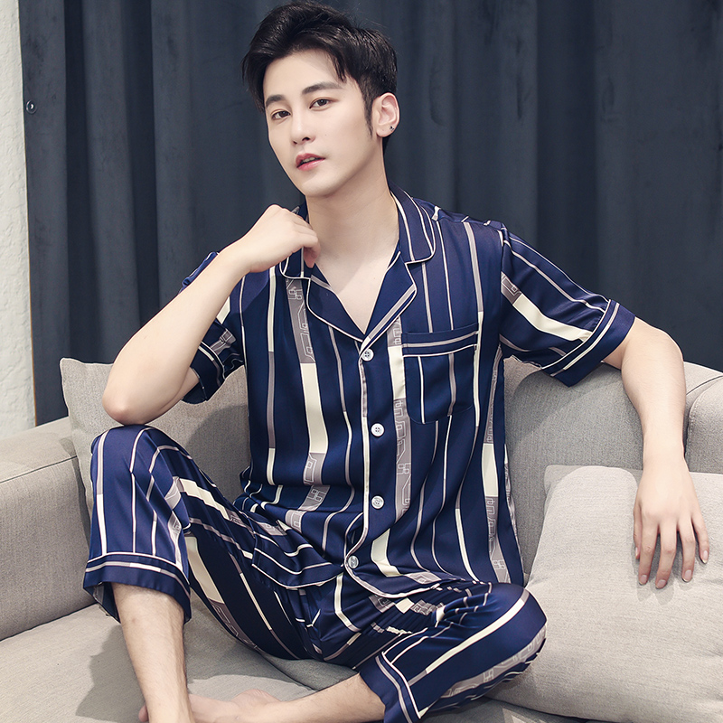 shangzhi men's pajamas summer short-sleeved thin ice silk spring and autumn youth simulation silk summer home service suit