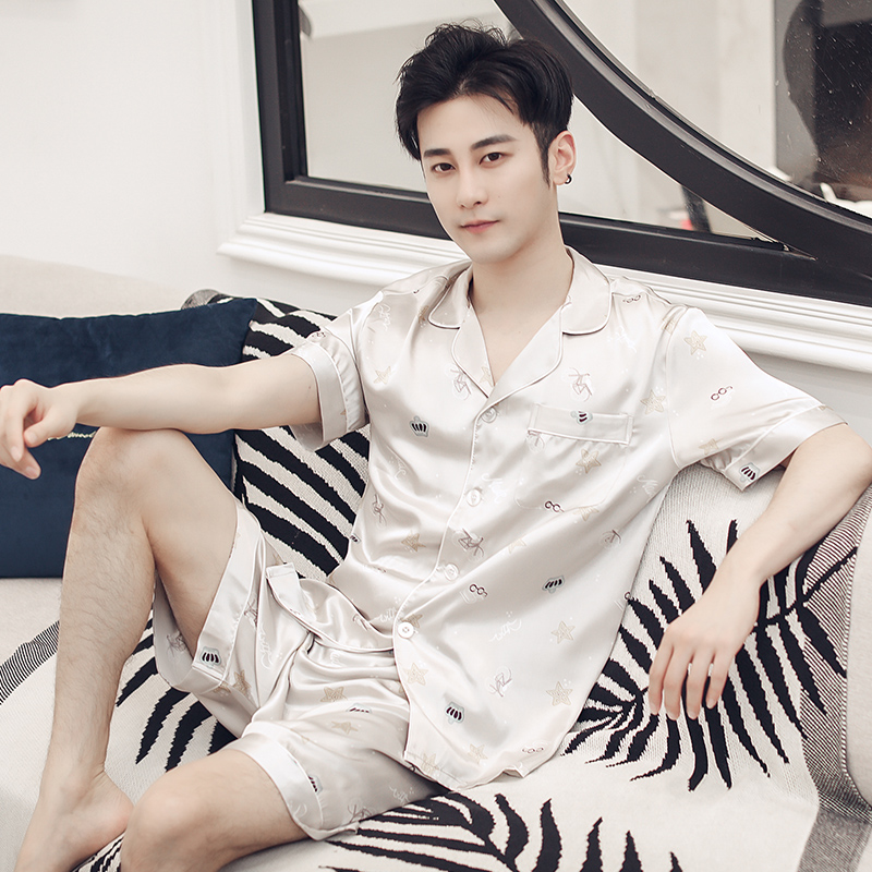 shangzhi men's pajamas summer short-sleeved thin ice silk spring and autumn youth simulation silk summer home service suit