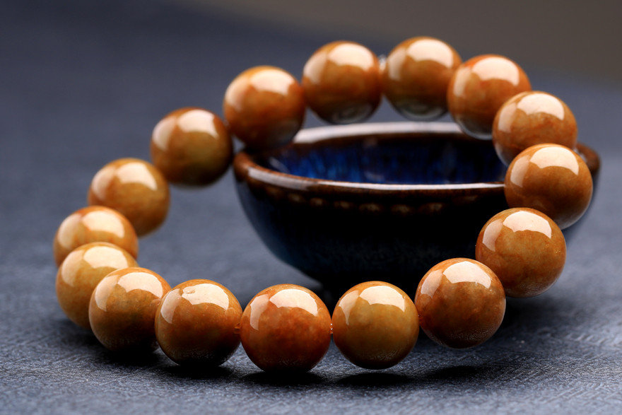 7332克尚美南都黄棕翡重器缅甸a货翡翠佛珠手串