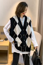 Canary Kiss contrast color knitted vest womens spring and autumn 2021 new lingge retro sweater cardigan