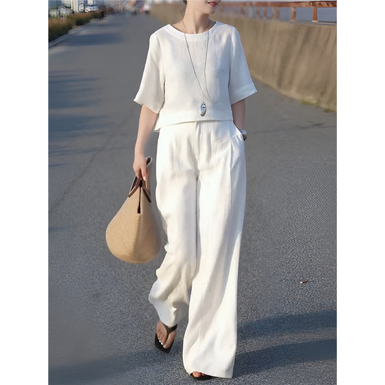 Summer high-end solid color linen suit for women with large size loose slim high-end ramie wide-leg pants cotton linen two-piece set
Summer high-end solid color linen suit for women with large size loose slim high-end ramie wide-leg pants cotton linen two-piece set