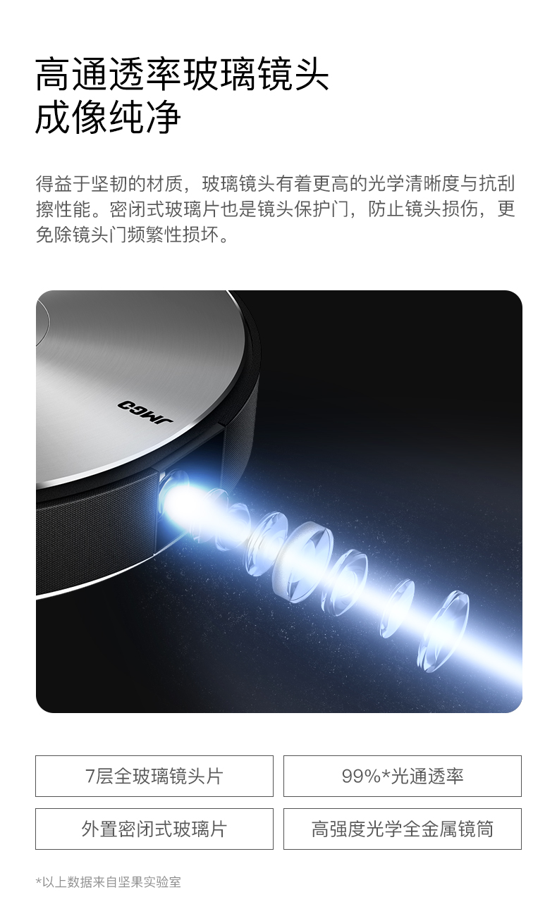 高通透率玻璃镜头成像纯净得益于坚韧的材质,玻璃镜头有着更高的光学清晰度与抗乱擦性能。密闭式玻璃片也是镜头保护门,防止镜头损伤,更免除镜头门频繁性损坏7层全玻璃镜头片99%光通透率外置密闭式玻璃片高强度光学全金属镜筒大以上数据来自坚果实验室-推好价 | 品质生活 精选好价