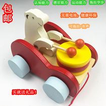 Childrens small pull car toys Wooden small animals drum toys Early education enlightenment puzzle 1-2-3 years old toys
