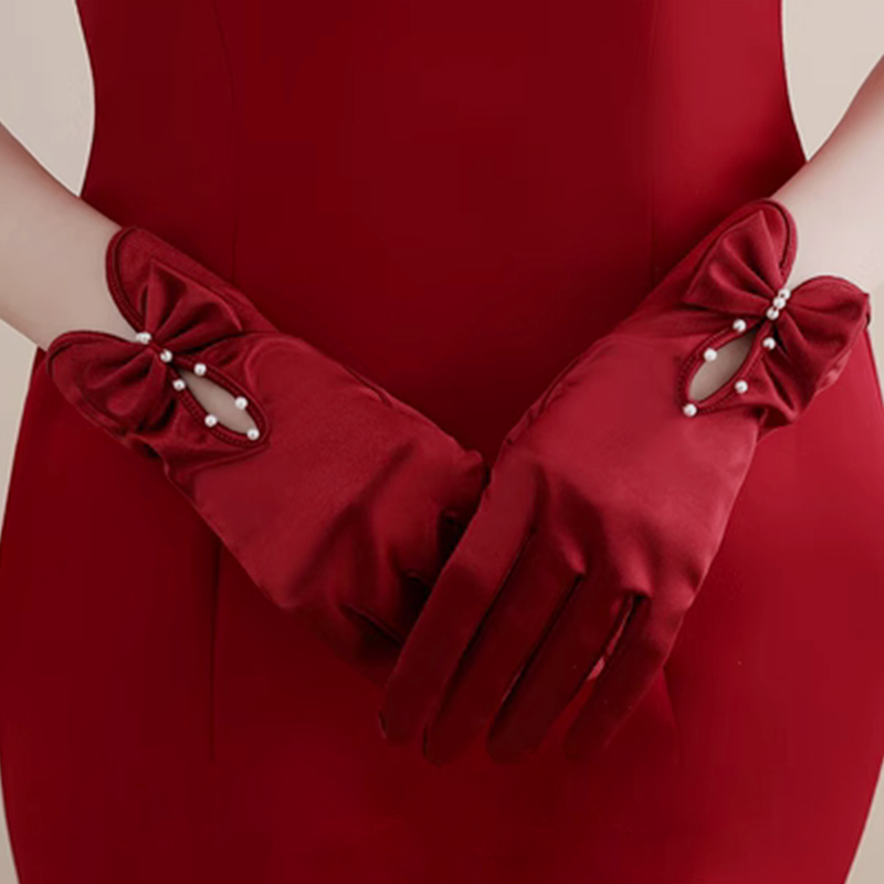 Herben Wind Retro Gloves Sleeves Wine Red Velvet Silk Suede Bride wedding dress Wedding Dress to the Wine Costume Prom-Taobao
