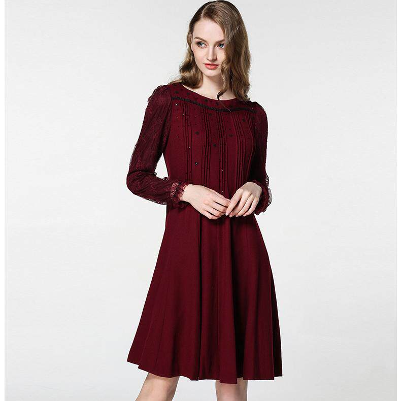 buou buou邦宝女装秋季新款知性钉珠蕾丝亮片连衣裙bb4g145