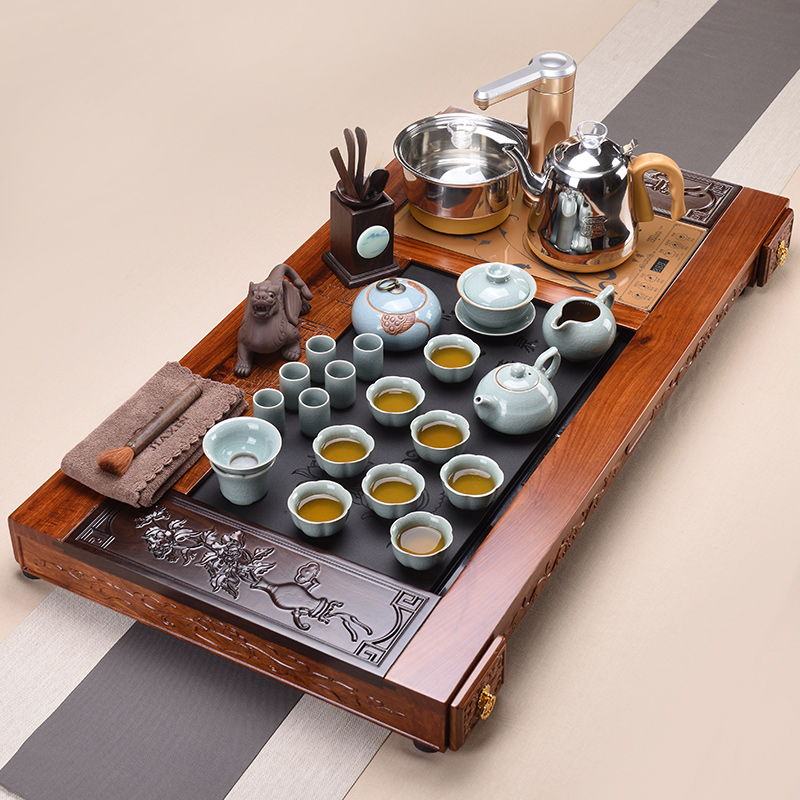 Shadow at hua limu blooming flowers, blue and white porcelain kung fu tea set automatic water solid wood tea tray household JX