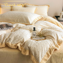 TOUCH MISS milk velvet four-piece winter coral velvet simple style carved thick quilt cover bedding