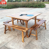 Carbonized solid wood table Square table Square table Hot pot table and chair Snack bar barbecue table Food stall Farm house square table