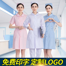 Nightingale nurses clothing long sleeve gown female round neck short sleeve summer white coat large size pharmacy work uniform White