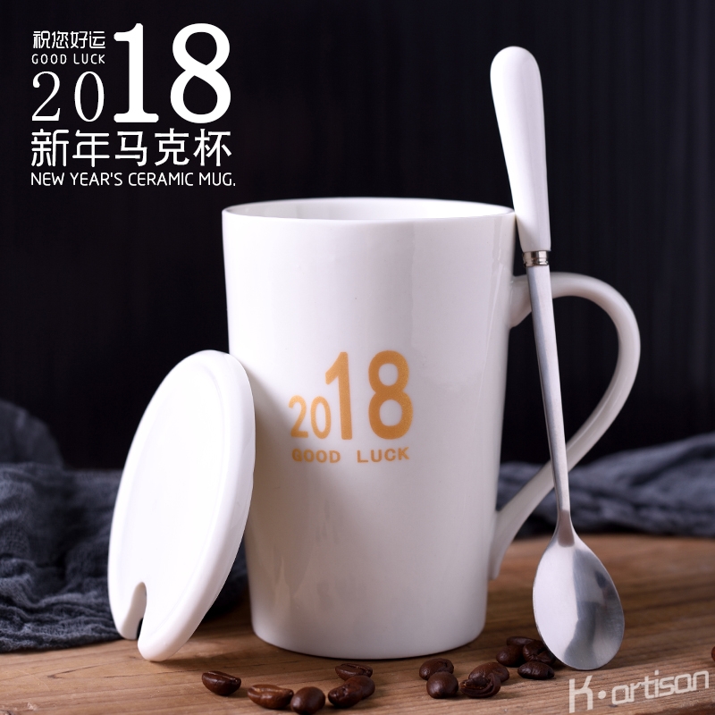 Qiao mu 2018 good luck, creative ceramic cup with cover cup large - capacity glass keller couples spoon coffee cup