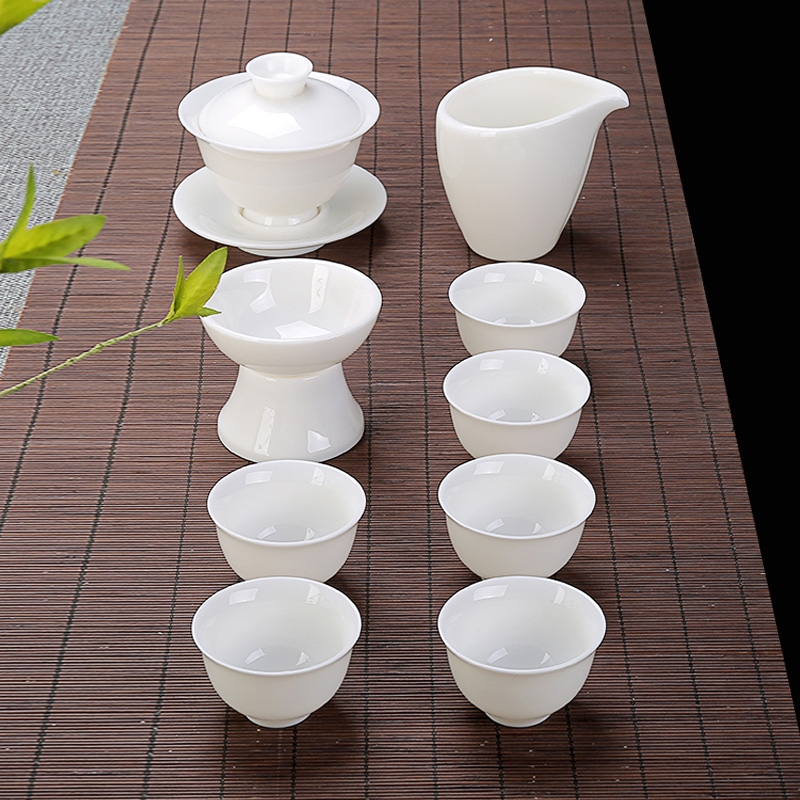 Qiao mu white porcelain kung fu tea set Japanese contracted white tureen the teapot tea cups of a complete set of household gift tea set