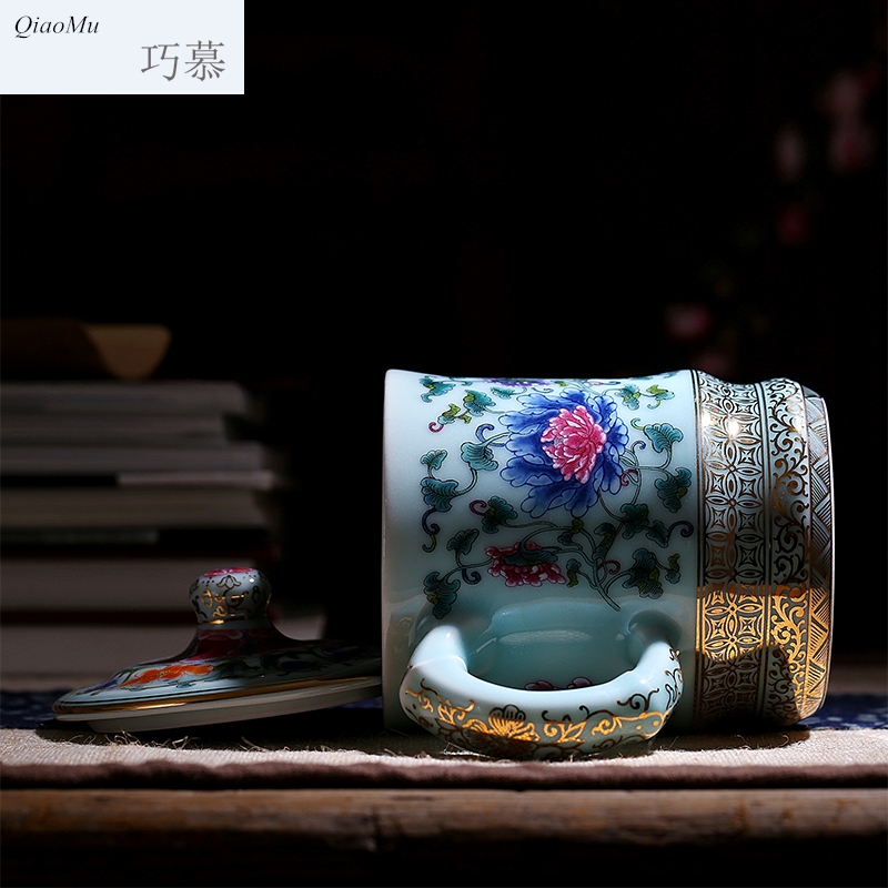 Qiao mu hand paint longquan celadon teacup tea cups office keller cup cup with cover cups