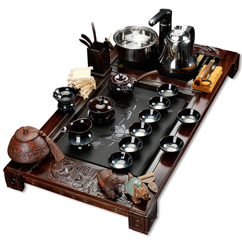 Qiao mu home tea set ceramic kung fu suit of a complete set of automatic electric magnetic furnace solid wood tea tray, tea cups