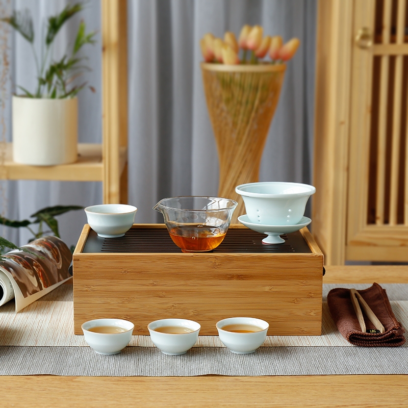 Travel for ceramic tea set opportunely celadon crack pot of glass suits for kung fu tea set of household solid wood tea tray