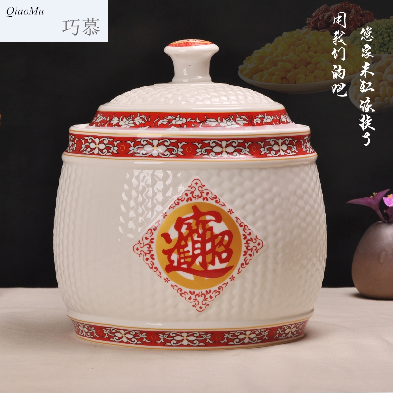 Qiao mu jingdezhen ceramic barrel ricer box seal pot 15 pounds 25 kilo meters five box of storage tank is moistureproof insect - resistant jar