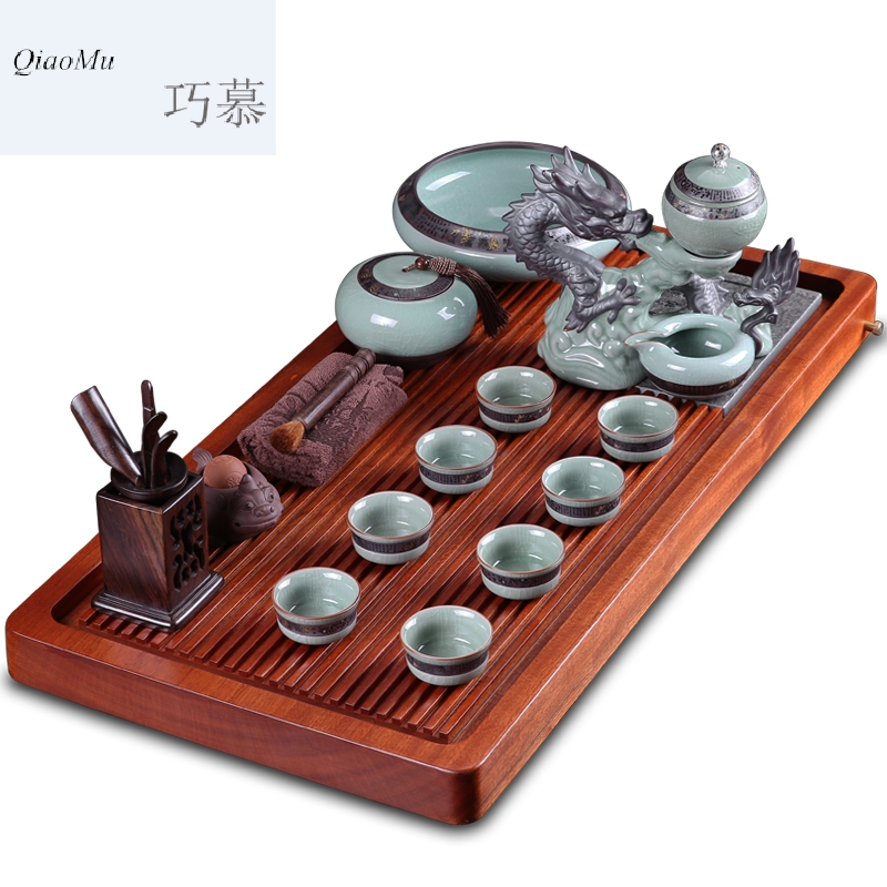 Qiao mu hua limu tea set elder brother up of a complete set of automatic kung fu tea set solid wood tea tray was purple sand teapot