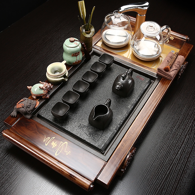 Qiao mu kung fu of a complete set of ceramic tea set domestic glass automatic induction cooker real wood sharply stone tea tray