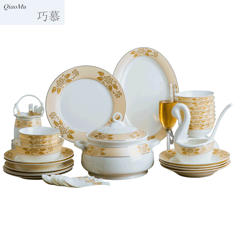 Qiao mu jingdezhen cutlery set porcelain dishes household of Chinese style ikea dishes suit 10 people gifts dish bowl