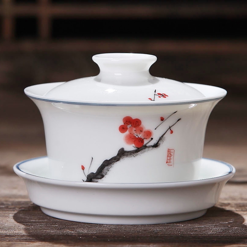 Qiao mu jingdezhen hand - made tureen large ceramic cover cup tea tea cups three of the bowl bowl of tea