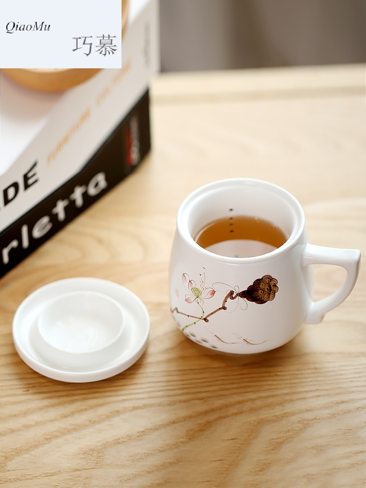 Qiao mu SU ceramic white porcelain cup with cover tea mercifully tea cup contracted office separation filter tea cup