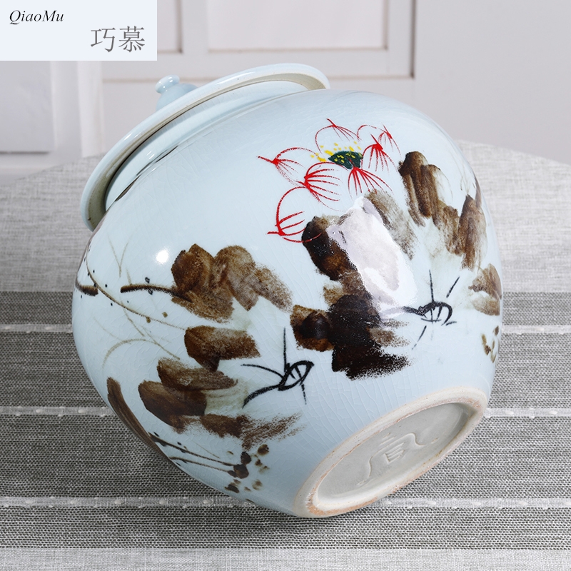 Qiao mu ceramics with cover barrel household 30 kg sealed storage bins insect - resistant moistureproof 15 kg rice jar of jingdezhen