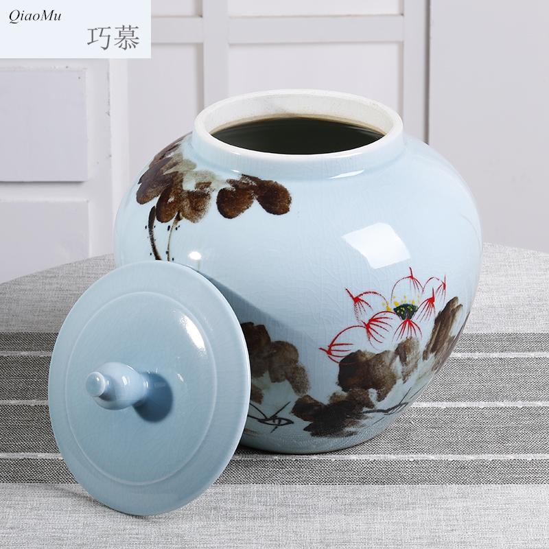 Qiao mu ceramics with cover barrel household 30 kg sealed storage bins insect - resistant moistureproof 15 kg rice jar of jingdezhen