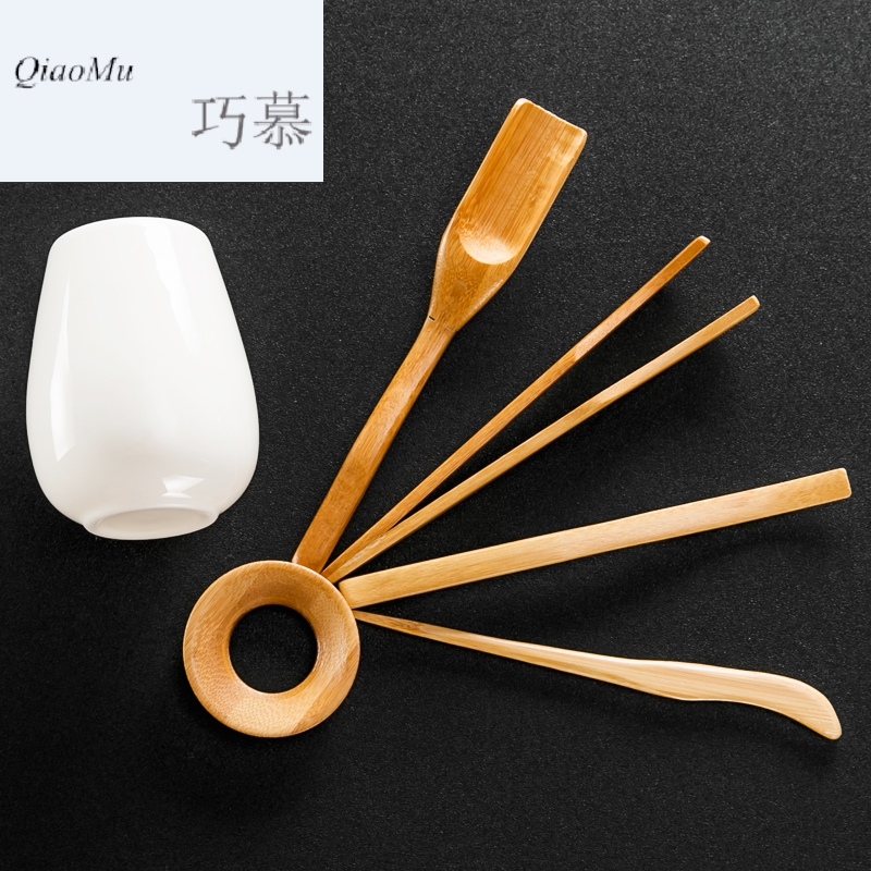 Qiao mu white porcelain tea 6 gentleman bamboo wood kung fu tea accessories take tea tea spoon tea combination