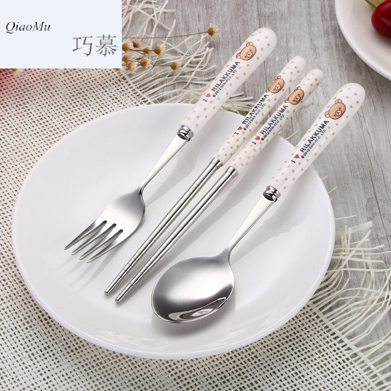 Qiao mu WLS South Chesapeake 304 stainless steel chopsticks spoons forks suit children lovely ceramic portable tableware