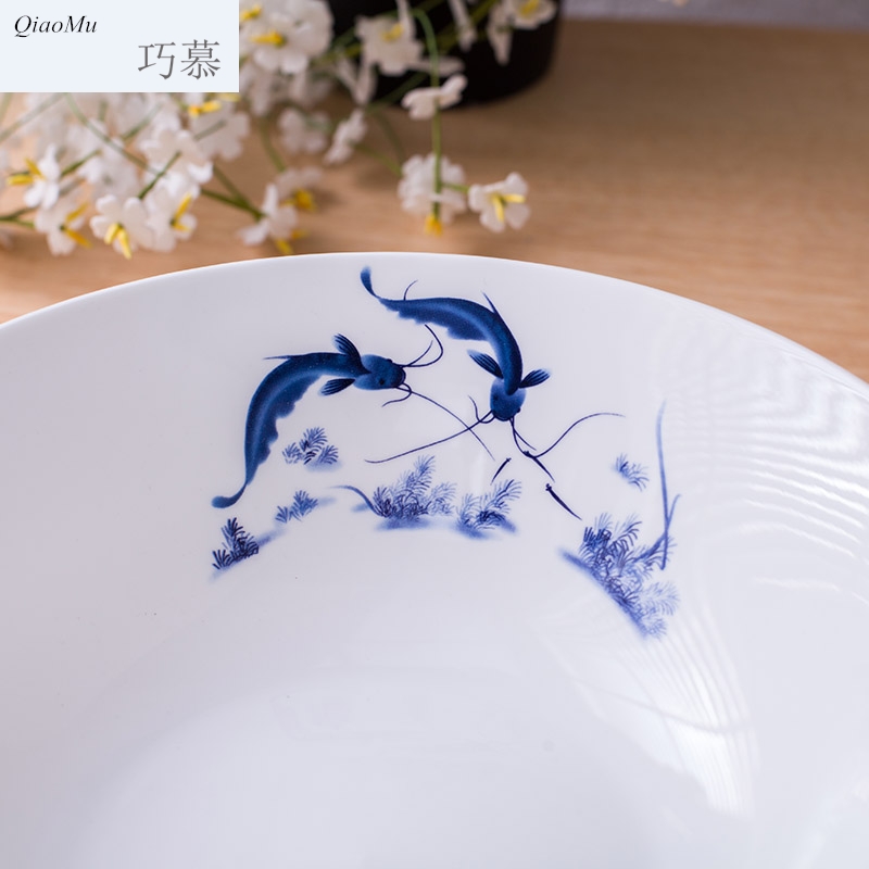 Qiao mu 9 inches large soup bowl ipads China jingdezhen nine inch hat to Korean creative glair of blue and white porcelain bowl