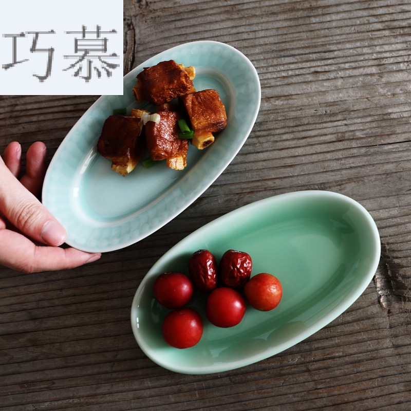 Qiao mu QOJ longquan celadon dish plate tableware oval eat dessert plate of dish dish towel all the dab of a plate