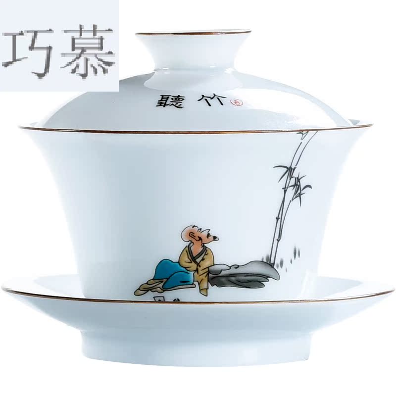 Qiao mu blue - and - white only three tureen manual sweet white household contracted ceramic cups kung fu to make tea bowl thin foetus