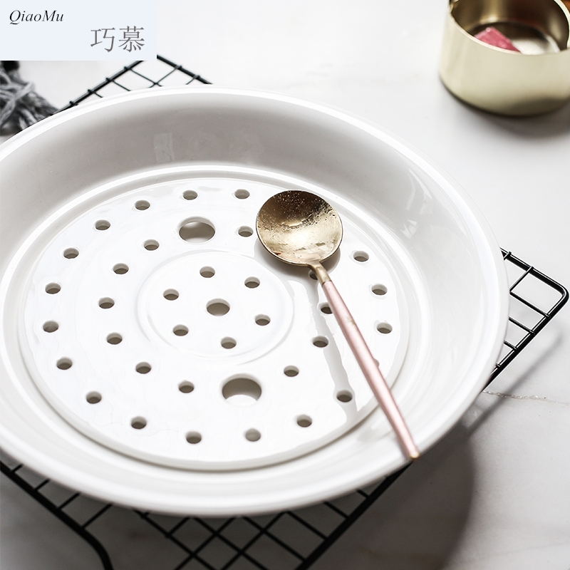 Qiao mu ceramic double large disc household utensils steaming plate waterlogging under caused by excessive rainfall dumplings steamed shrimp dish steamed food dish fruit plate