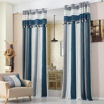 High-grade European blue white gray Mediterranean modern striped chenille cloth living room bedroom curtain finished clearance
