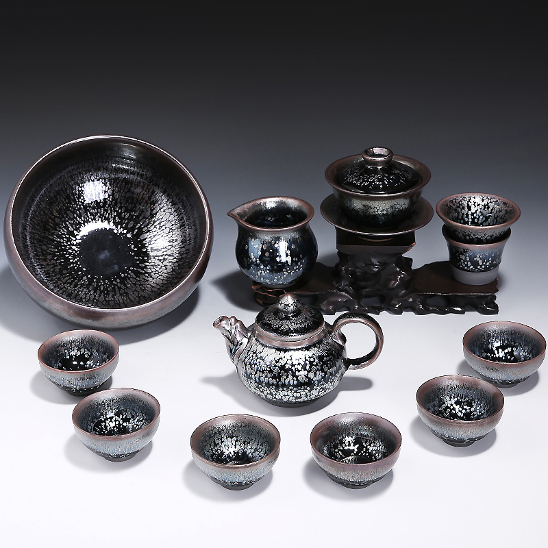 Jianyang built light oil droplets kung fu tea set suit household up temmoku glaze ceramic tea set coppering. As silver tea pot set