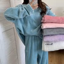Pajamas girl autumn winter new coral velvet long sleeve two pieces plus thick vertical stripes warm pants home suit