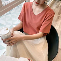 Summer new basic round neck V-neck white short-sleeved t-shirt womens pure cotton loose Korean version of thin solid color top ins tide