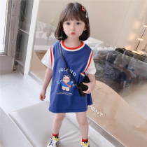 Tide brand girl dress summer children long T-shirt foreign baseball suit pure cotton baby fake two princess dress