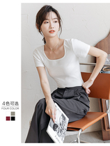 White short sleeve square T-shirt woman 2022 Summer new short fit Inner Hitch Bottom Compassionate Lock Bone Half Sleeve Blouse