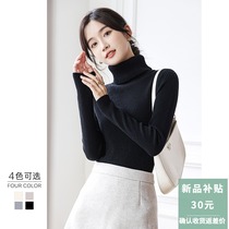 100% Pure Wool Thick Turtleneck Sweater Womens Autumn and Winter Slim Long Sleeve Black and White Knitted Sweater Top